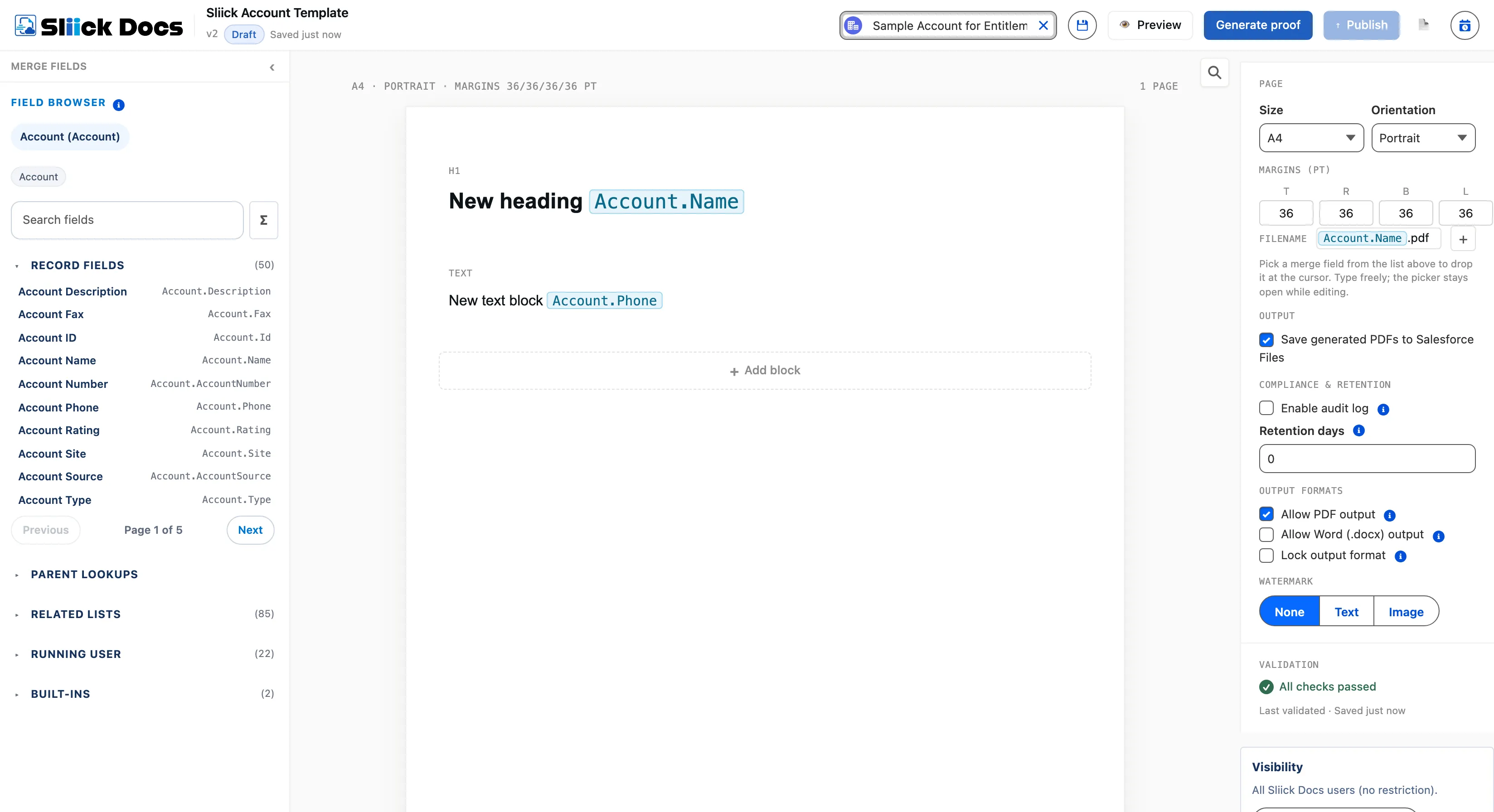 The Sliick Docs template editor: merge-field browser, live template canvas with Account fields, and output, compliance, and watermark settings