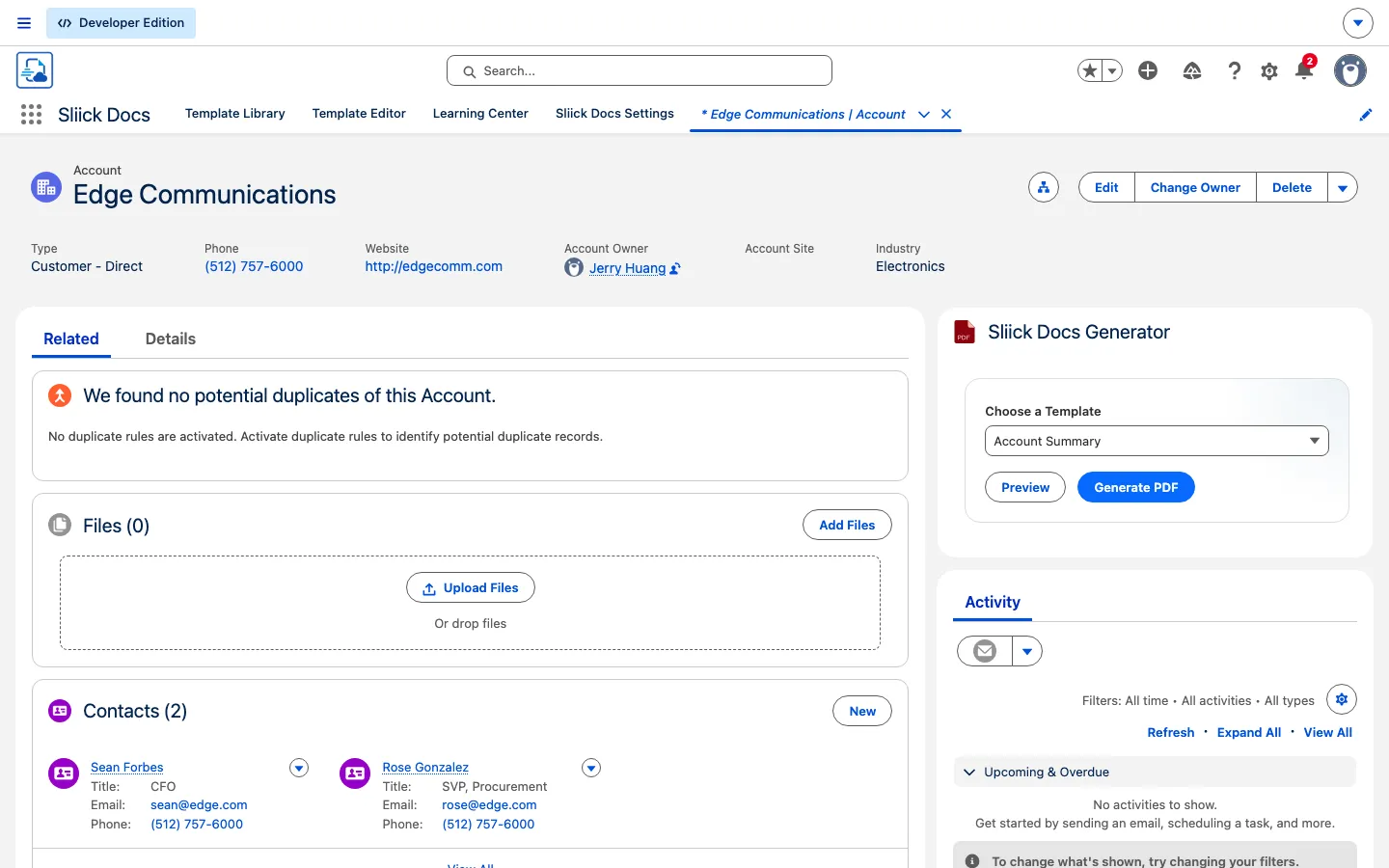 Sliick Docs Generator panel on an Account record: choose a template, preview, and generate a PDF in one click