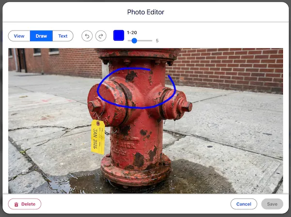 The Sliick Photos editor with a field photo of a fire hydrant, marked up with a blue drawn circle and draw and text tools