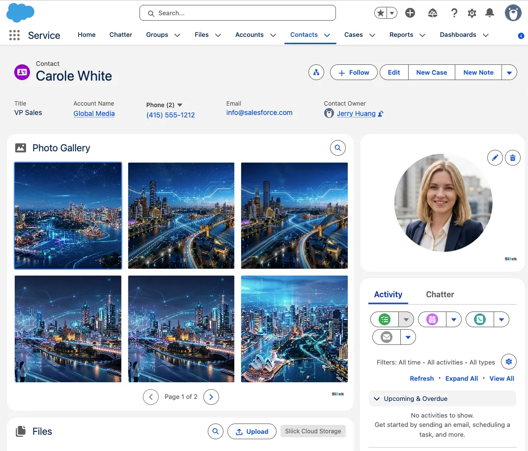 Sliick Photos gallery on a Contact record: six site photos in a grid with search, paging, and Sliick Cloud Storage files below
